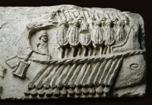 Cast of a Roman bireme warship carrying armed soldiers (relief on rock) Cast of a Roman bireme warship carrying armed soldiers (relief on rock)