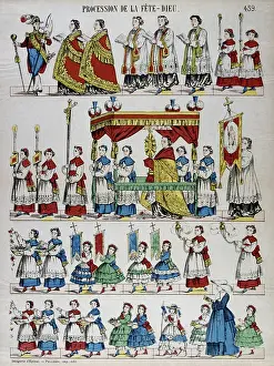 Catholicism In France Prints: Catholic religious procession with priests, children and incense. French c.1850