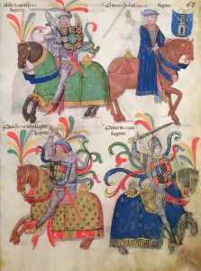 Four cavaliers, from the Libro de Los Caballeros de la Cofradia de Santiago' Four cavaliers, from the Libro de Los Caballeros de la Cofradia de Santiago'