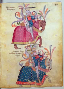 Two cavaliers, from the Libro de Los Caballeros de Santiago (vellum) Two cavaliers, from the Libro de Los Caballeros de Santiago (vellum)
