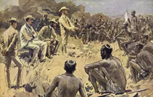 Cecil Rhodes in council with the Matabele chiefs (colour litho) Cecil Rhodes in council with the Matabele chiefs (colour litho)