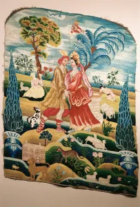 A chair back or panel for a screen, depicting a couple in love A chair back or panel for a screen, depicting a couple in love