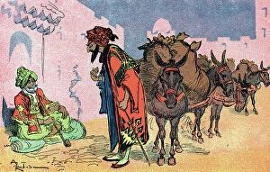Ali Baba And The Forty Thieves Collection: The chief of the thieves pretend he's an oil merchant Illustration by Albert Robida for Ali Baba