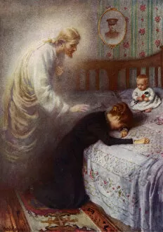 Grief Collection: Christ the Comforter: Jesus consoling a grieving British war widow (colour litho)