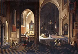 A Church at Night with a Priest celebrating Mass in a side Chapel, (oil on panel) A Church at Night with a Priest celebrating Mass in a side Chapel, (oil on panel)