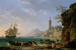 A Coastal Mediterranean Landscape with a Dutch Merchantman in a Bay, 1769 (oil on canvas) A Coastal Mediterranean Landscape with a Dutch Merchantman in a Bay, 1769 (oil on canvas)