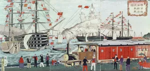 Commodore Perrys Gift of a Railway to the Japanese in 1853 (woodblock print) Commodore Perrys Gift of a Railway to the Japanese in 1853 (woodblock print)