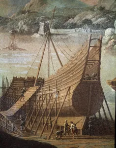 Construction of a galleon in a shipyard in Genoa (Detail. Painting, 17th century) Construction of a galleon in a shipyard in Genoa (Detail. Painting, 17th century)