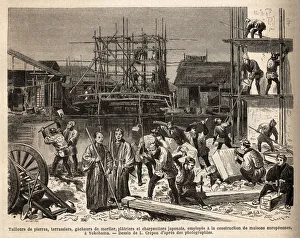 A construction site for a European house in Edo (Tokyo) with stone cutters, terrassiers A construction site for a European house in Edo (Tokyo) with stone cutters, terrassiers