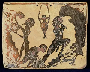 A Corinthian plaque depicting workers in a Clay Pit, from Penteskophia near Corinth A Corinthian plaque depicting workers in a Clay Pit, from Penteskophia near Corinth