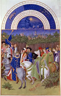 Cortege of nobles and musicians on horseback, view of the Ducal Palace of Riom ( Cortege of nobles and musicians on horseback, view of the Ducal Palace of Riom (