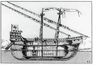 Transportation Mode History Prints: Crossing ship seen in section, according to data from the Contractus Navigii