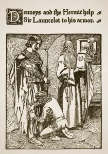 Denneys and the Hermit help Sir Launcelot to his armor, illustration from ' Denneys and the Hermit help Sir Launcelot to his armor, illustration from '
