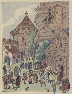 Parting Collection: Departure of the Chevalier du Hohbarr for the Crusades (colour litho)