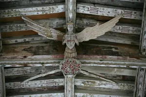 Depicting a view of one of the carved wooden angels in the nave Depicting a view of one of the carved wooden angels in the nave