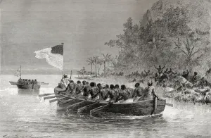 Dr. David Livingstone in the first boat, flying the English flag, and Henry Morton Dr. David Livingstone in the first boat, flying the English flag, and Henry Morton