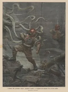 The dramas of the deep sea, a diver attacked and clutched by the tentacles of a huge octopus (Colour Litho) The dramas of the deep sea, a diver attacked and clutched by the tentacles of a huge octopus (Colour Litho)
