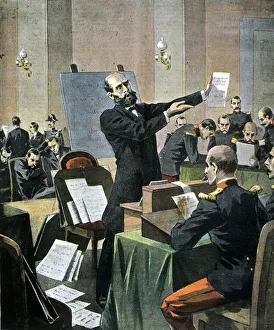Dreyfus case. Graphology expert Alphonse Bertillon deposing at the Rennes trial, 1899 Dreyfus case. Graphology expert Alphonse Bertillon deposing at the Rennes trial, 1899