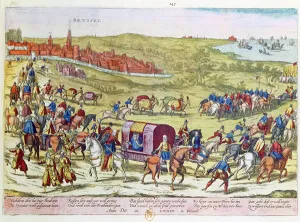 The Duke of Alba, recalled to Spain, leaving Brussels, 1573 (coloured engraving) The Duke of Alba, recalled to Spain, leaving Brussels, 1573 (coloured engraving)