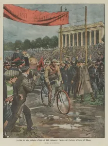 The end of the 3000-kilometer cycling tour of Italy, the winner's arrival at the Milan Arena (colour litho) The end of the 3000-kilometer cycling tour of Italy, the winner's arrival at the Milan Arena (colour litho)