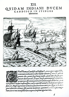 Expedition of Thomas Cavendish, from Americae, written and engraved by Theodore de Bry Expedition of Thomas Cavendish, from Americae, written and engraved by Theodore de Bry