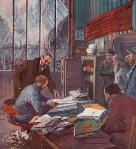 Factory under workers control, Russian Revolution, 1917 (colour litho) Factory under workers control, Russian Revolution, 1917 (colour litho)