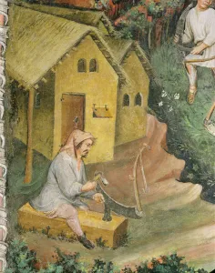 The farmer prepares the scythe for haymaking (fresco) The farmer prepares the scythe for haymaking (fresco)