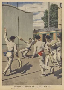 Fatal accident during a game of Basque pelota (colour litho) Fatal accident during a game of Basque pelota (colour litho)