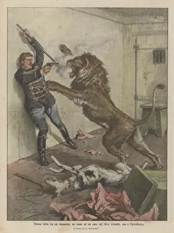 Fierce fight between a tamer, a lion and a dog in the Ciniselli Circus, now in Petersburg (colour litho) Fierce fight between a tamer, a lion and a dog in the Ciniselli Circus, now in Petersburg (colour litho)