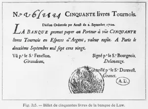 Fifty pounds French banknote from the Law Bank, dated 2nd September 1720 (engraving Fifty pounds French banknote from the Law Bank, dated 2nd September 1720 (engraving