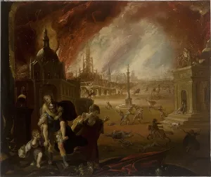 The Flight of Aeneas, with the fall of Troy beyond (oil on copper) The Flight of Aeneas, with the fall of Troy beyond (oil on copper)