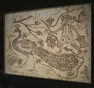 Floor Mosaic Panel: Grape Harvester with Peacock, 400s (marble tesserae) Floor Mosaic Panel: Grape Harvester with Peacock, 400s (marble tesserae)
