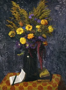 French Marigold, Purple Daisies and Golden Sheaves; Oeillets d'Inde French Marigold, Purple Daisies and Golden Sheaves; Oeillets d'Inde