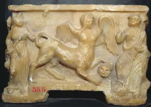 Funerary urn depicting Oedipus and the Sphinx (alabaster) Funerary urn depicting Oedipus and the Sphinx (alabaster)