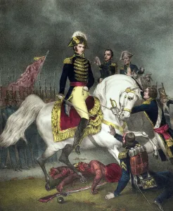 General William Henry Harrison at the Battle of Tippecanoe in 1811 (colour litho) General William Henry Harrison at the Battle of Tippecanoe in 1811 (colour litho)