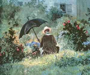 Detail of a Gentleman reading in a garden