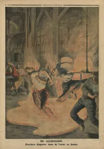 In Germany, workers sinking in molten steel, illustration from 'Le Petit Journal' In Germany, workers sinking in molten steel, illustration from 'Le Petit Journal'