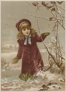 Girl taking bread to feed birds in the snow (chromolitho) Girl taking bread to feed birds in the snow (chromolitho)