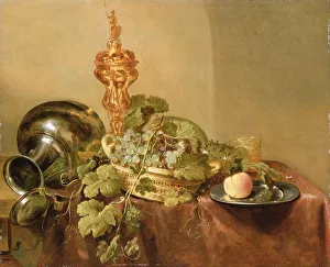 Grapes in a basket, A Peach on a Pewter Plate, A Silver Gilt covered Chalice Grapes in a basket, A Peach on a Pewter Plate, A Silver Gilt covered Chalice