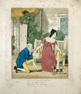 A hand coloured lithographed scene of a man proposing, c A hand coloured lithographed scene of a man proposing, c