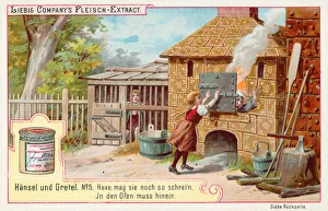 Hansel and Gretel: Gretel traps the witch in her oven (chromolitho) Hansel and Gretel: Gretel traps the witch in her oven (chromolitho)