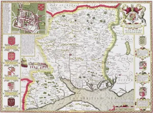 Hantshire, engraved by Jodocus Hondius (1563-1612) from John Speeds Theatre Hantshire, engraved by Jodocus Hondius (1563-1612) from John Speeds Theatre