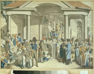 Health Community at the Karlsbader Fountain, 1810 (aquatint drawing) Health Community at the Karlsbader Fountain, 1810 (aquatint drawing)