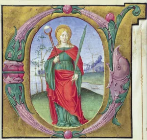 Historiated initial G depicting St. Agatha (vellum) Historiated initial G depicting St. Agatha (vellum)
