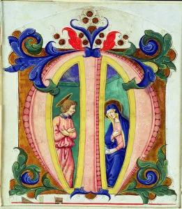 Historiated initial M depicting the Annunciation (vellum) Historiated initial M depicting the Annunciation (vellum)