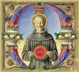 Historiated initial M depicting St. Bernardino of Siena (vellum) Historiated initial M depicting St. Bernardino of Siena (vellum)