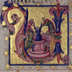 Historiated initial U depicting Joseph being pulled from the well by his brothers, Tuscan School (vellum) Historiated initial U depicting Joseph being pulled from the well by his brothers, Tuscan School (vellum)