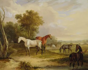 Horses Grazing: A Grey Stallion grazing with Mares in a Meadow (oil on canvas) Horses Grazing: A Grey Stallion grazing with Mares in a Meadow (oil on canvas)