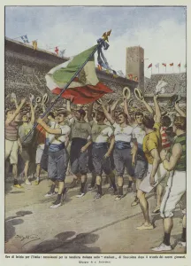 Hours of joy for Italy, enthusiasm for the Italian flag in the Stockholm stadium after... (colour litho) Hours of joy for Italy, enthusiasm for the Italian flag in the Stockholm stadium after... (colour litho)