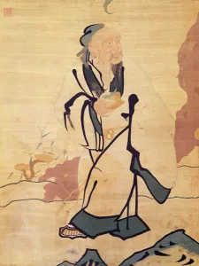Detail of an immortal holding a peach (silk) Detail of an immortal holding a peach (silk)